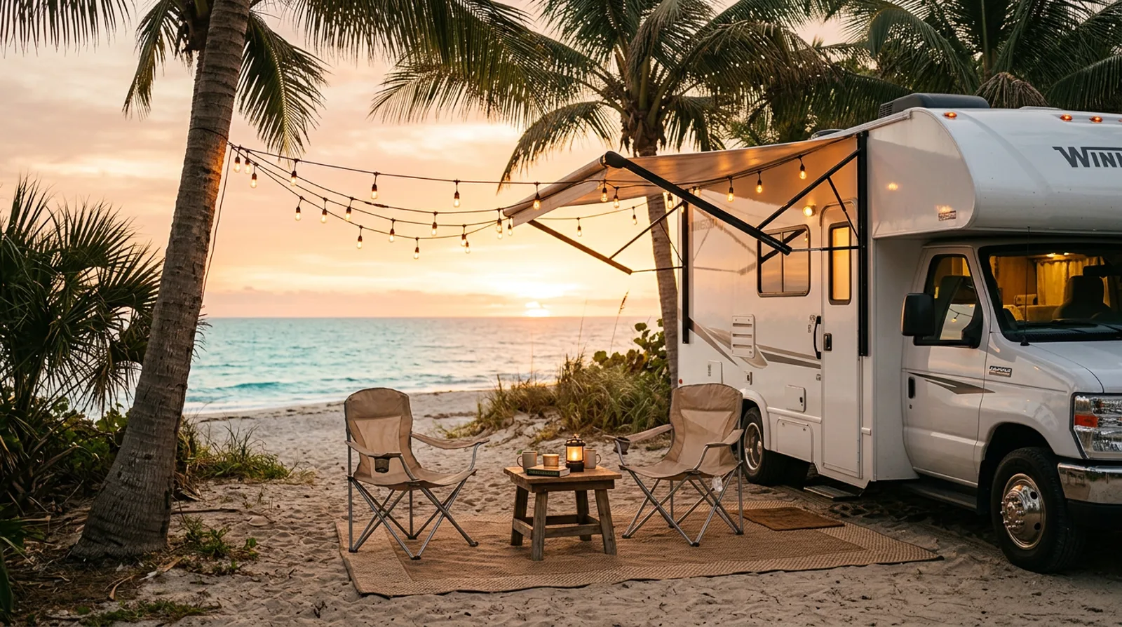 Beachside RV campsite at golden hour in South Florida