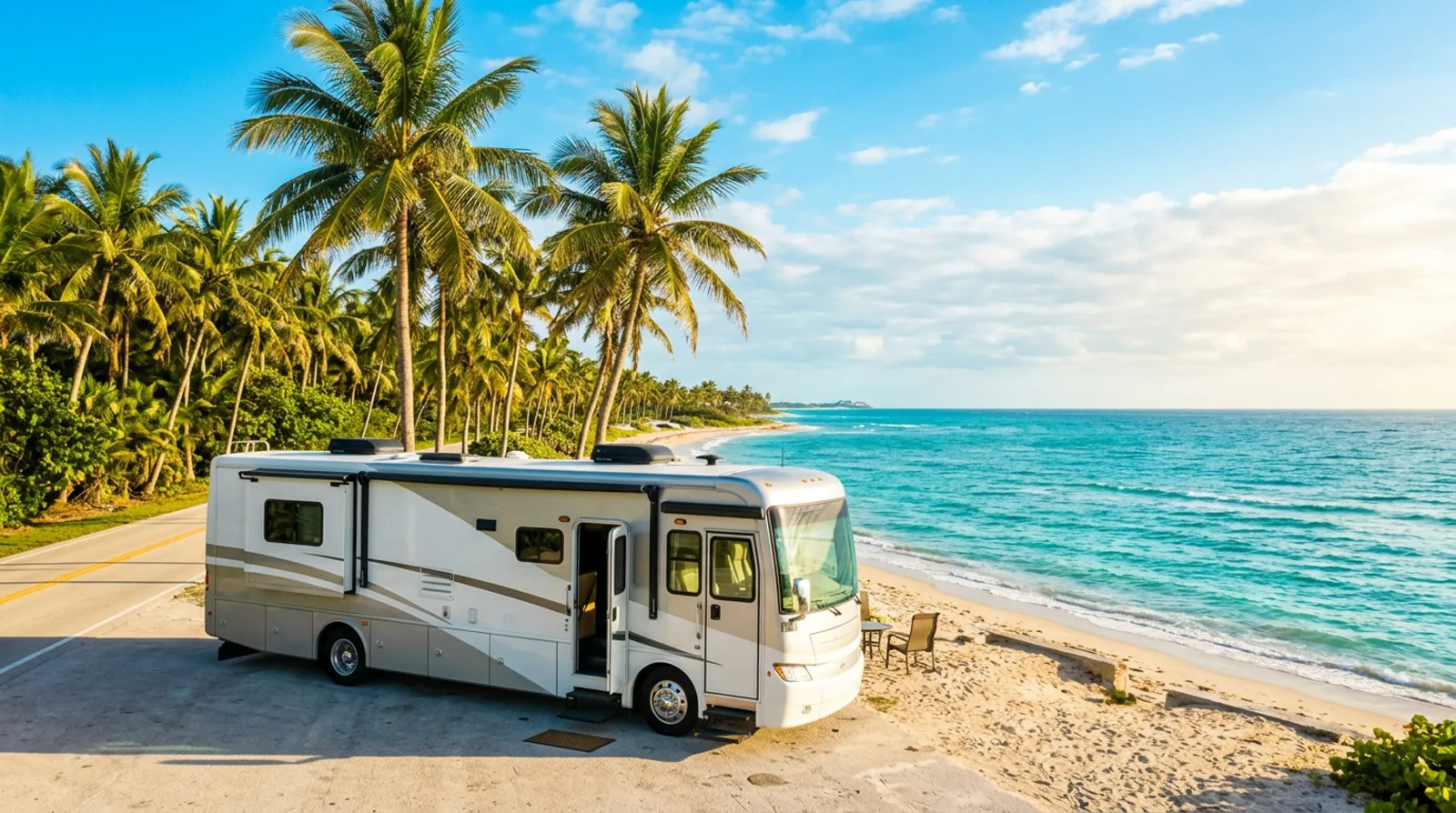 Class C motorhome camped beside an alpine lake at golden hour, awning out and campfire lit, with pine forest and mountain peaks reflected in the water