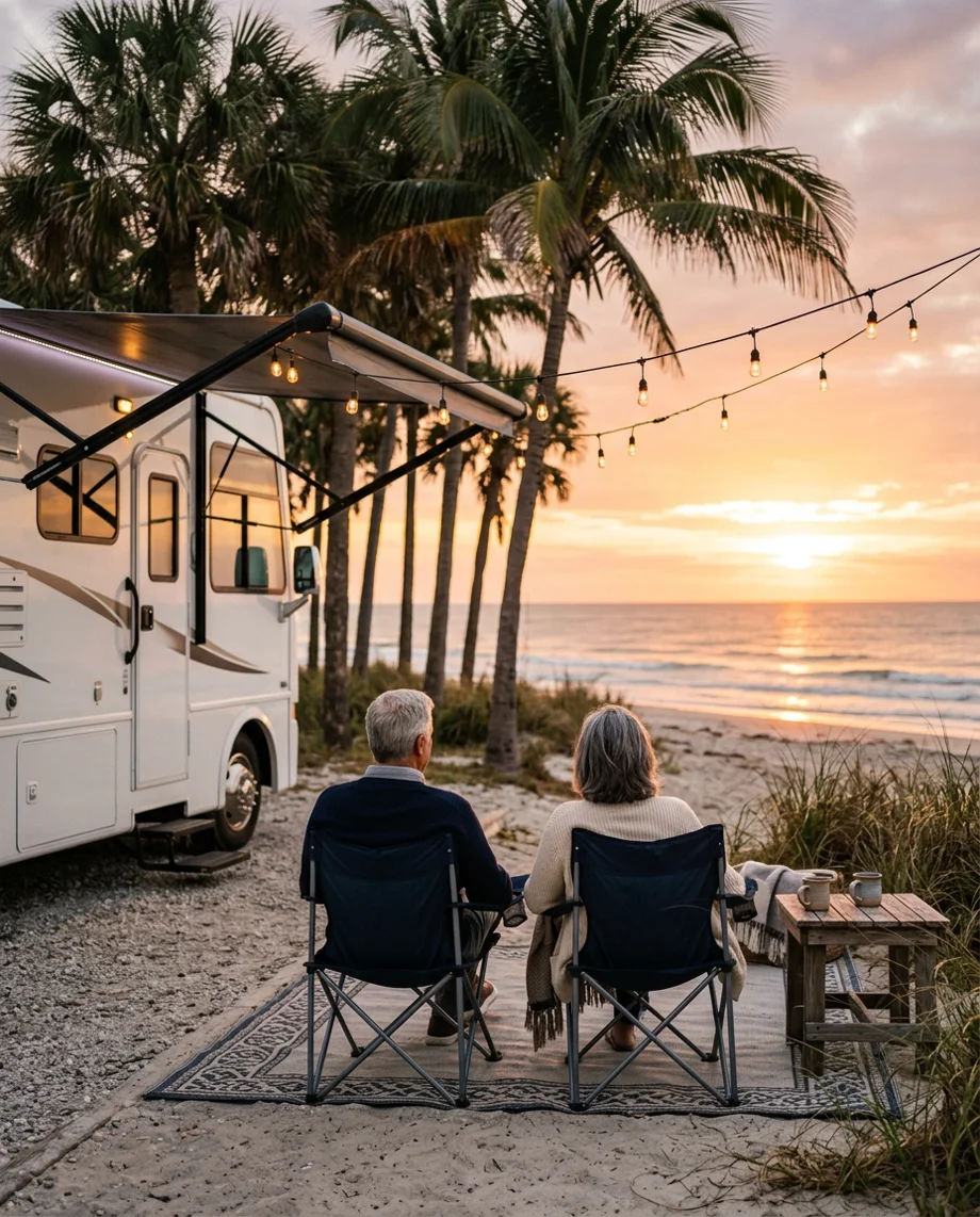 A couple relaxing beside their motorhome watching a golden-hour beach sunset in South Florida